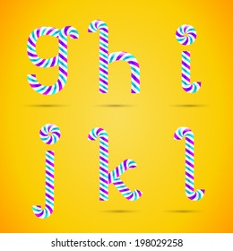 Candy 3D alphabet. Candy letters. Sweet letters. Vector candy alphabet. Alphabet letters. Candy font. Typography. G letter. H letter. I letter. J letter. K letter. L letter.