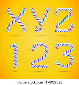 Candy 3D alphabet. Candy letters. Sweet letters. Vector candy alphabet. Alphabet letters. Candy font. Typography. X letter. Y letter. Z letter. Number 1. Number 2. Number 3. One. Two. Three.