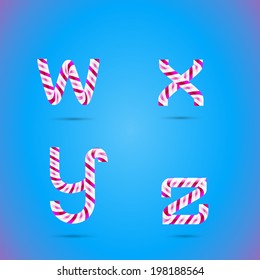 Candy 3D alphabet. Candy letters. Sweet letters. Vector candy alphabet. Alphabet letters. Candy font. Typography. W letter. X letter. Y letter. Z letter.