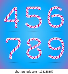 Candy 3D alphabet. Candy numbers. Sweet numbers. Vector numbers. Candy font. Typography. Number 4. Number 5. Number 6. Number 7. Number 8. Number 9. Four. Five. Six. Seven. Eight. Nine. 
