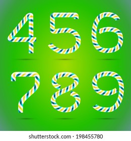 Candy 3D alphabet. Candy numbers. Sweet numbers. Vector numbers. Candy font. Typography. Number 4. Number 5. Number 6. Number 7. Number 8. Number 9. Four. Five. Six. Seven. Eight. Nine. 