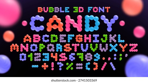 Candy 3D Bubble Font with Colorful Inflated Balloon Alphabet, Numbers and Symbols in Y2K Style. Vector Set