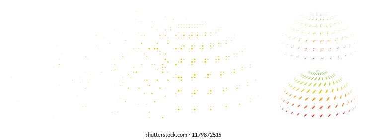 Candy abstract semi-sphere icon in dispersed, dotted halftone and whole versions. Pixels are composed into vector dispersed candy abstract semi-sphere shape. Disintegration effect uses rectangle dots.