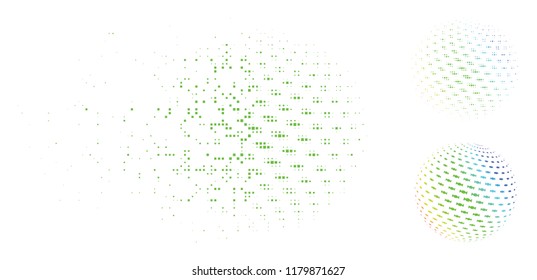 Icono de esfera abstracta de candelabros en medio tono fragmentado y punteado y versiones enteras. Las celdas se organizan en un icono de esfera abstracta vectorial que desaparece de caramelos. El efecto de desaparición implica puntos de rectángulo.