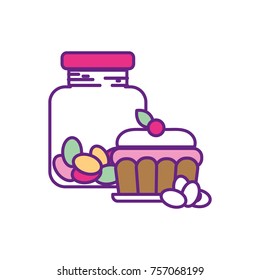 candy almonds inside jar and cake dessert
