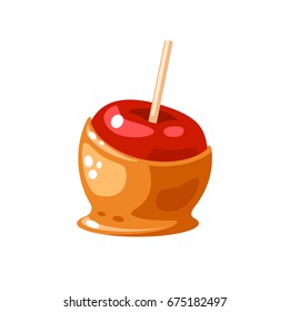 Candy Apple Coated By Sweet Caramel. Vector Illustration Flat Icon Isolated On White.
