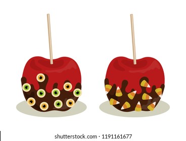 Candy apple halloween vector illustration. Candy apples halloween vector isolated on white background. Candy apple chocolate with eyes and candy corn.
