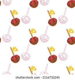 Candy apples with chocolate and caramel icing seamless vector pattern. Flat and line stylized objects. Cute hand drawn background for packaging, wrapping paper, print, gift, fabric, textile, wallpaper