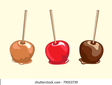 Candy Apples. Chocolate, Caramel And Toffee Candy Apples Isolated. EPS10 Vector Format.