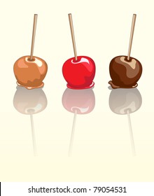 Candy apples. Chocolate, caramel and toffee candy apples with reflection. EPS10 vector format