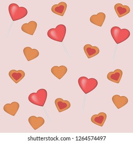 Candy backgraund. Lollipops and cookies in the form of hearts. Happy Valentine's day. Eps 10