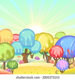 Candy background. Cartoon sweet land. Beads of jelly, ice cream and caramel. Chocolate. Cute childrens fairy landscape. Sky. Beautiful fantastic illustration. Vector