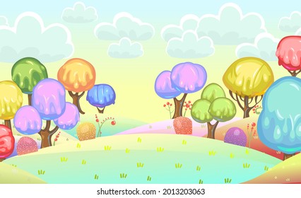 Candy background. Cartoon sweet land. Beads of jelly, ice cream and caramel. Chocolate. Cute childrens fairy landscape. Clouds. Beautiful fantastic illustration. Vector