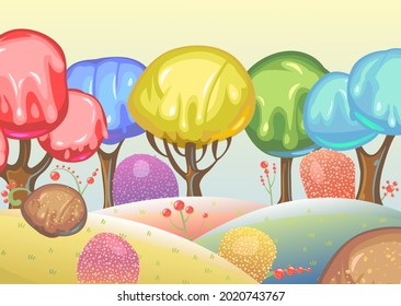 Candy background. Cartoon sweet land. Beads of jelly, ice cream and caramel. Chocolate. Cute childrens fairy landscape. Sky. Beautiful fantastic illustration. Vector