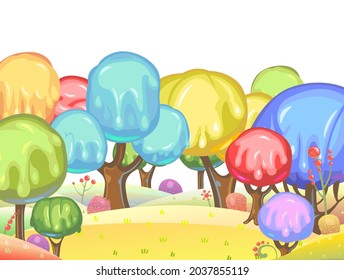 Candy background. Cartoon sweet land. Beads of jelly, ice cream and caramel. Chocolate. Cute childrens fairy landscape. Isolated fantastic illustration. Vector.