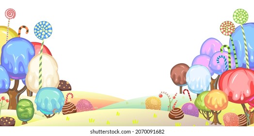 Candy background. Cartoon sweet land. Beads of jelly, ice cream and caramel. Chocolate. Cute childrens fairy landscape. Isolated fantastic illustration. Vector