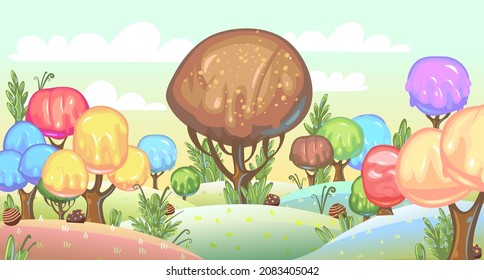 Candy background. Cartoon sweet land. Beads of jelly, ice cream and caramel. Chocolate tree. Cute childrens fairy landscape. Clouds. Fantastic illustration. Vector.