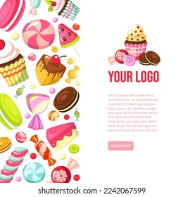 Süßigkeiten, Hintergrund. farbige Bilder von Süßigkeiten wie Lollipop und Cupcakes. Vektorvorlage mit Platz für persönlichen Text