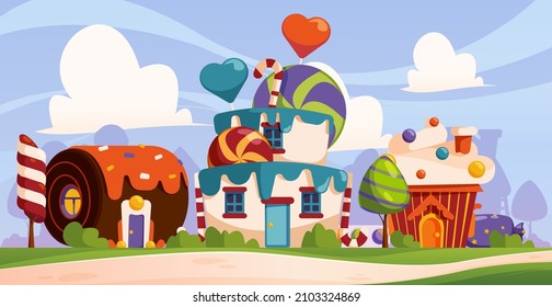 Candy background. Fantasy tasty world with cupcakes sweets and cookies gingerbread sugar houses garish vector cartoon landscape