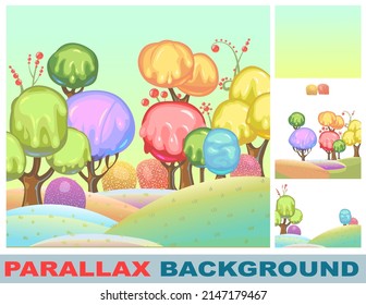 Candy background. Set for parallax effect. Cartoon sweet land. Beads of jelly, ice cream and caramel. Chocolate. Cute children fairy landscape. Sky. Beautiful fantastic illustration. Vector.
