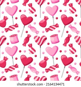 Candy background. Sweet cute seamless pattern for birthday dessert, gummy pink tasty paper. Decor textile, wrapping paper, confectionery shop wallpaper. Vector isolated graphic design