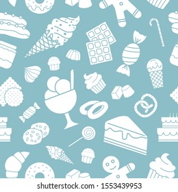 Candy background - Vector seamless pattern solid silhouettes of sweet food for graphic design