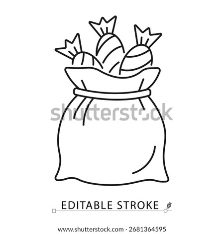 A candy bag icon in a minimalist line style with editable stroke. Halloween trick or treat sack, sweets pouch, sugar dessert, holiday gift, party celebration food, chocolate present concept.