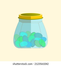 Candy ball in jar illustration. Colorful candy ball and unique jar. Simple vector art.