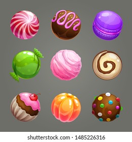 Candy Balls Set. Round Sweet Assets For Game Design. Vector GUI Elements.