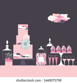 Candy bar with cake and cupcakes. Wedding cake with brush strokes. Dessert table.  Vector illustration.