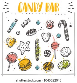 Candy bar concept design. Hand drawn vector illustration. Can be used for cafe, restaurant, bar, food studio, poster, sticker, shop, kitchen classes, emblem, sticker, badge.