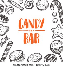 Candy bar concept design. Hand drawn vector illustration. Can be used for cafe, restaurant, bar, food studio, poster, sticker, shop, kitchen classes, emblem, sticker, badge.