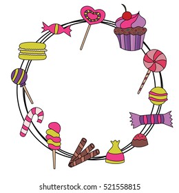 Candy bar design set. Cartoon frame border hand draw doodle vector illustration.