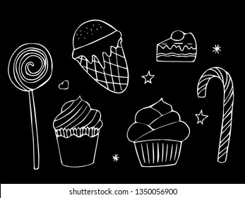 Candy bar doodle set. Isolated elements on black background. Vector illustration.
