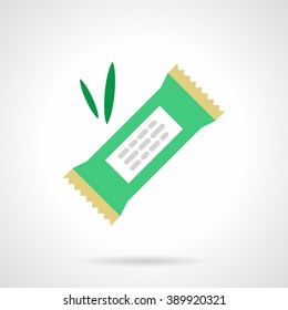 Candy bar in a green wrap and green leaves. Organic food. Vegetarian sweets. Flat color style vector icon. Web design element for site, mobile and business.
