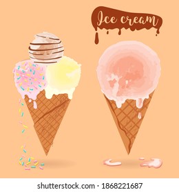 Candy bar. Ice cream set. Cartoon style and realistic. Melting ball of ice cream.