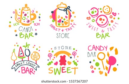 Candy Bar Logo Templates Set, Sweet and Tasty Store Bright Hand Drawn Badges Vector Illustration