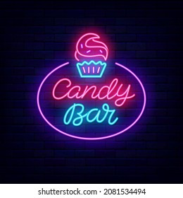 Candy bar neon lettering signboard. Sweet shop label. Cupcake icon on brick wall background. Bakery logo. Luminous sign. Outer glowing effect banner. Editable stroke. Isolated vector illustration