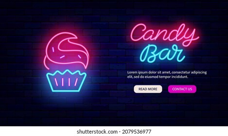 Cartel de neón en el bar de caramelos. Plantilla de página de aterrizaje para tienda de dulces. Icono de pastel. Sitio web de panadería. Letrero luminoso. Banner de efecto luminoso exterior. Trazo editable. Ilustración aislada de las existencias vectoriales