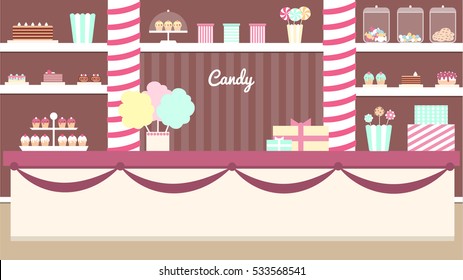 Candy bar. On the shelves are located cakes, pastries, candies and other sweets. Vector illustration