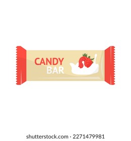 Candy bar package vector illustration. Cartoon isolated cute wrapper design with red strawberry and milk flow on pack of gourmet dessert, sweet product and candy pillow snack in plastic packet