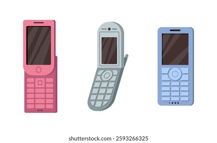 Candy bar phones with buttons and keyboard, small screen and camera. Vector flat cartoon style, isolated old mobiles for communication and talking, messaging and chatting via SMS with friends