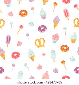 Candy bar sweets and pastry seamless pattern