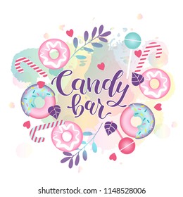 Candy bar. Vector illustration with lettering and sweet-stuff symbol. Trade packaging. Lettering card, invitation or banner template. Calligraphy background. Lettering typography pocter. EPS 10