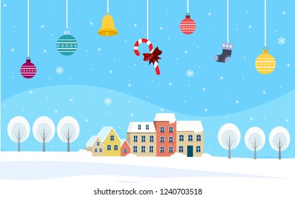 Candy ,bell and ball in  hanging on  village snow background. Design Christmas Can be used for advertising.