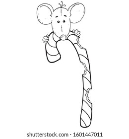 Candy bitten by mouse icon. Vector illustration of candy with a mouse. Hand drawn mouse with candy.