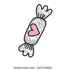 Candy in black and white line with a pink heart. Candy in doodle style vector.
