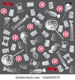 Candy, black, white, red