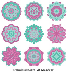 Candy bloom mandala collection in vibrant aqua and bubble gum pink colors. Whimsical and bold, perfect for Y2K designs, retro patterns, feminine branding, and personalized decor. Vector EPS 10.