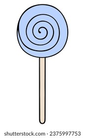 Candy blue caramel on a stick. The pattern on the candy is a swirling optical illusion. Color vector illustration. Cartoon style. Isolated background. Delicious lollipop. Idea for web design.